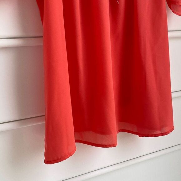 Cynthia Rowley Pleated Short Sleeve Chiffon Tie Neck Dressy Blouse Coral Large - Picture 4 of 12